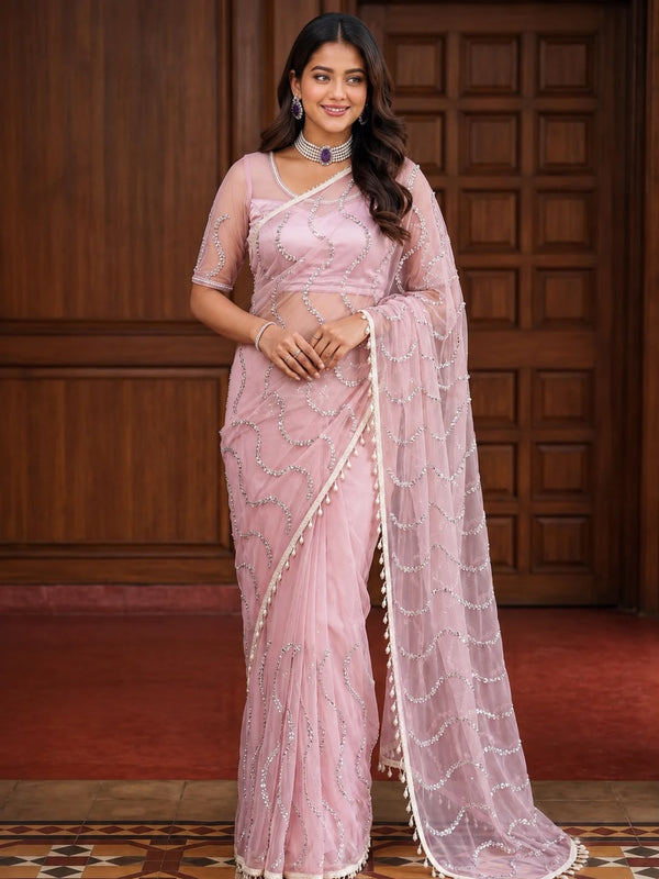 Women Pearl Embellished Net Saree with Scalloped Pearl Border - Baby Pink