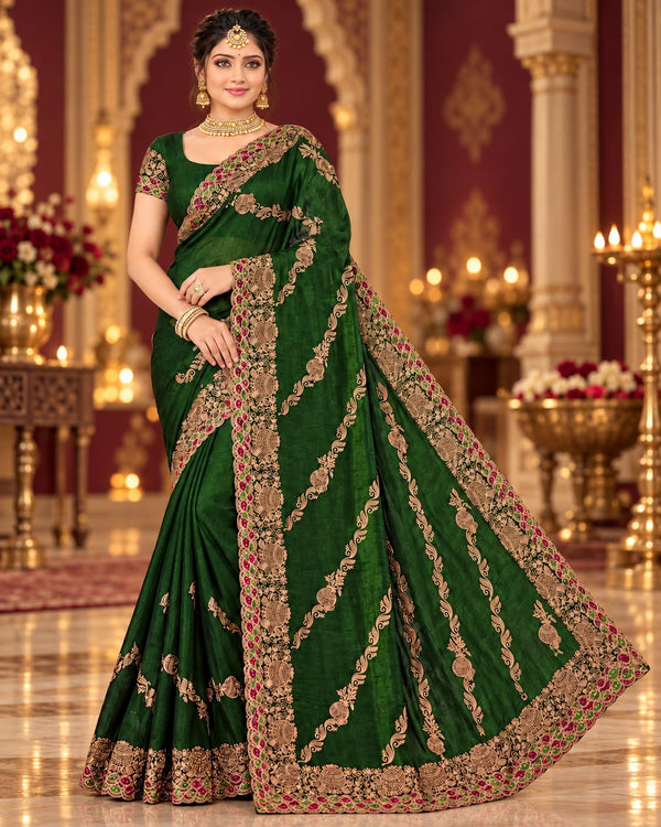 Women Satin Saree with Kalash Motif Embroidery & Multicolour Cutwork Border - Bottle Green