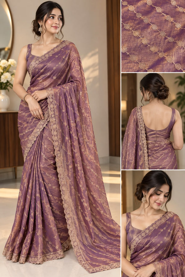 Women Fendy Tissue Saree with Diagonal Stone Work & Scalloped Cutwork Border - Dusty Mauve