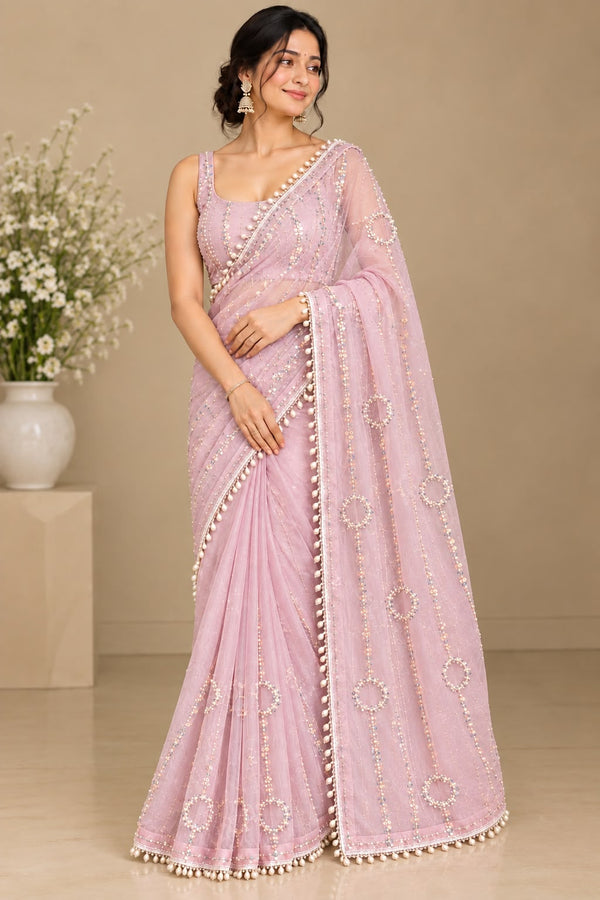Women Net Saree with Pearl & Sequin Ring Work and Pearl Drop Border - Lilac Pink