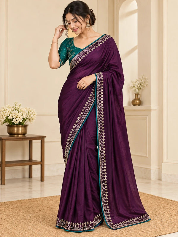 Women Satin Saree with Stone Work Border & Contrast Teal Blouse
