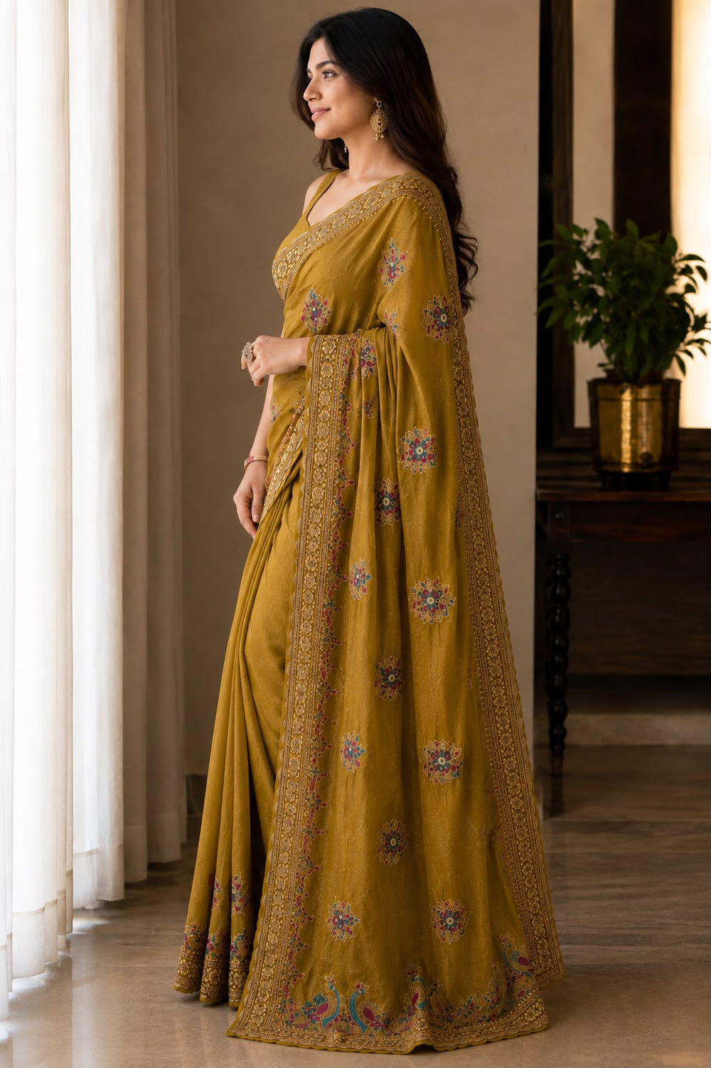 Aarya Luxe Premium Fancy Fabric Saree - Antique Mustard Gold