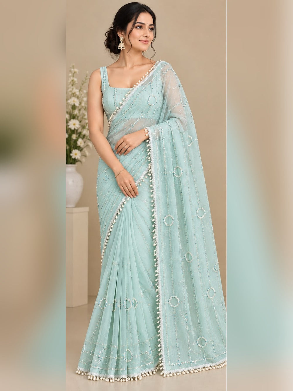 Women Net Saree with Pearl & Sequin Ring Work and Pearl Drop Border - Aqua Blue