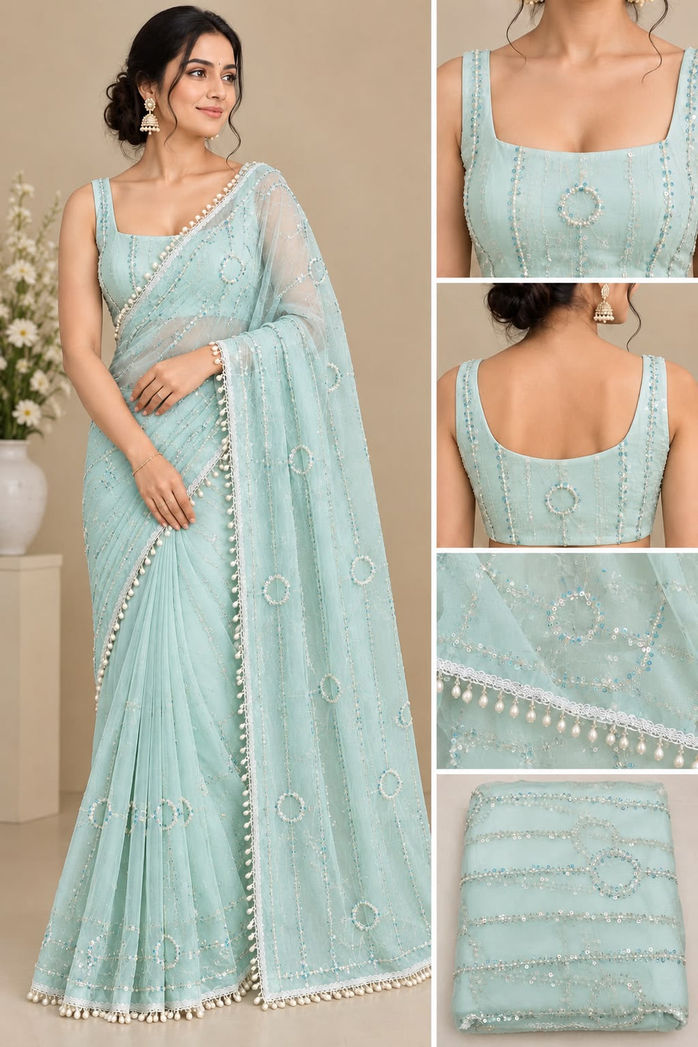 Women Net Saree with Pearl & Sequin Ring Work and Pearl Drop Border - Aqua Blue