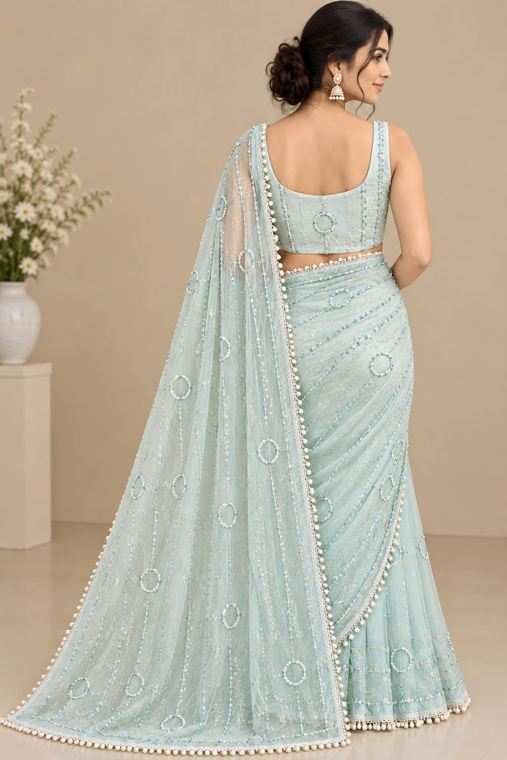 Women Net Saree with Pearl & Sequin Ring Work and Pearl Drop Border - Aqua Blue