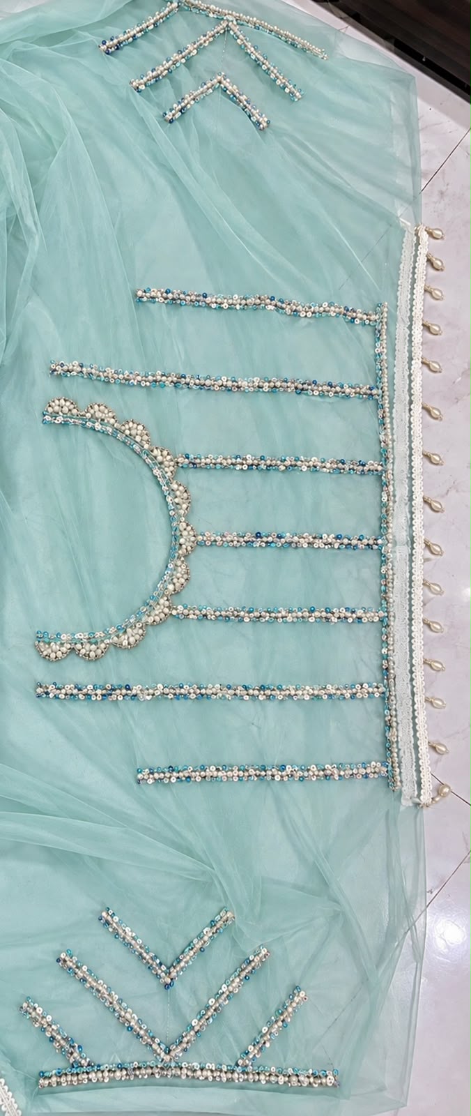 Women Net Saree with Pearl & Sequin Ring Work and Pearl Drop Border - Aqua Blue