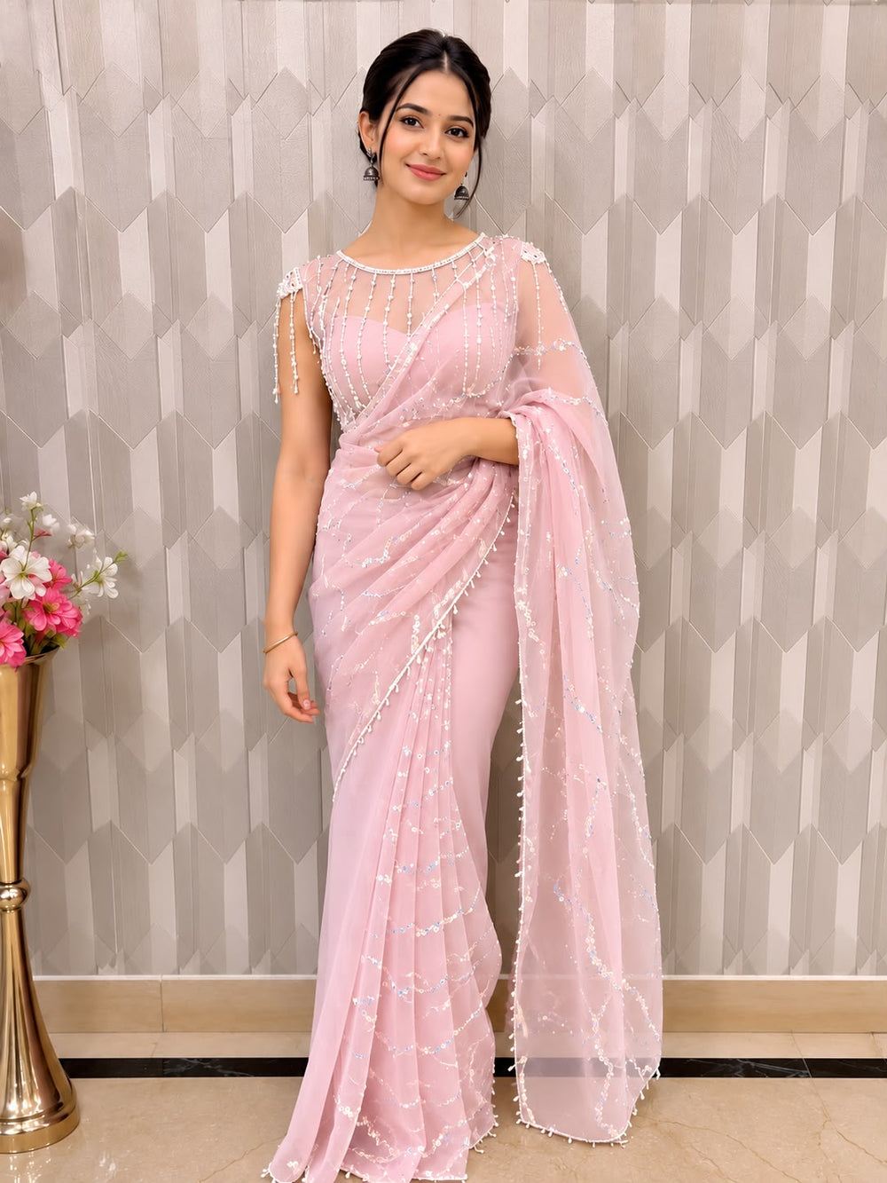 Women Pearl Embellished Net Saree with Scalloped Pearl Border - Baby Pink