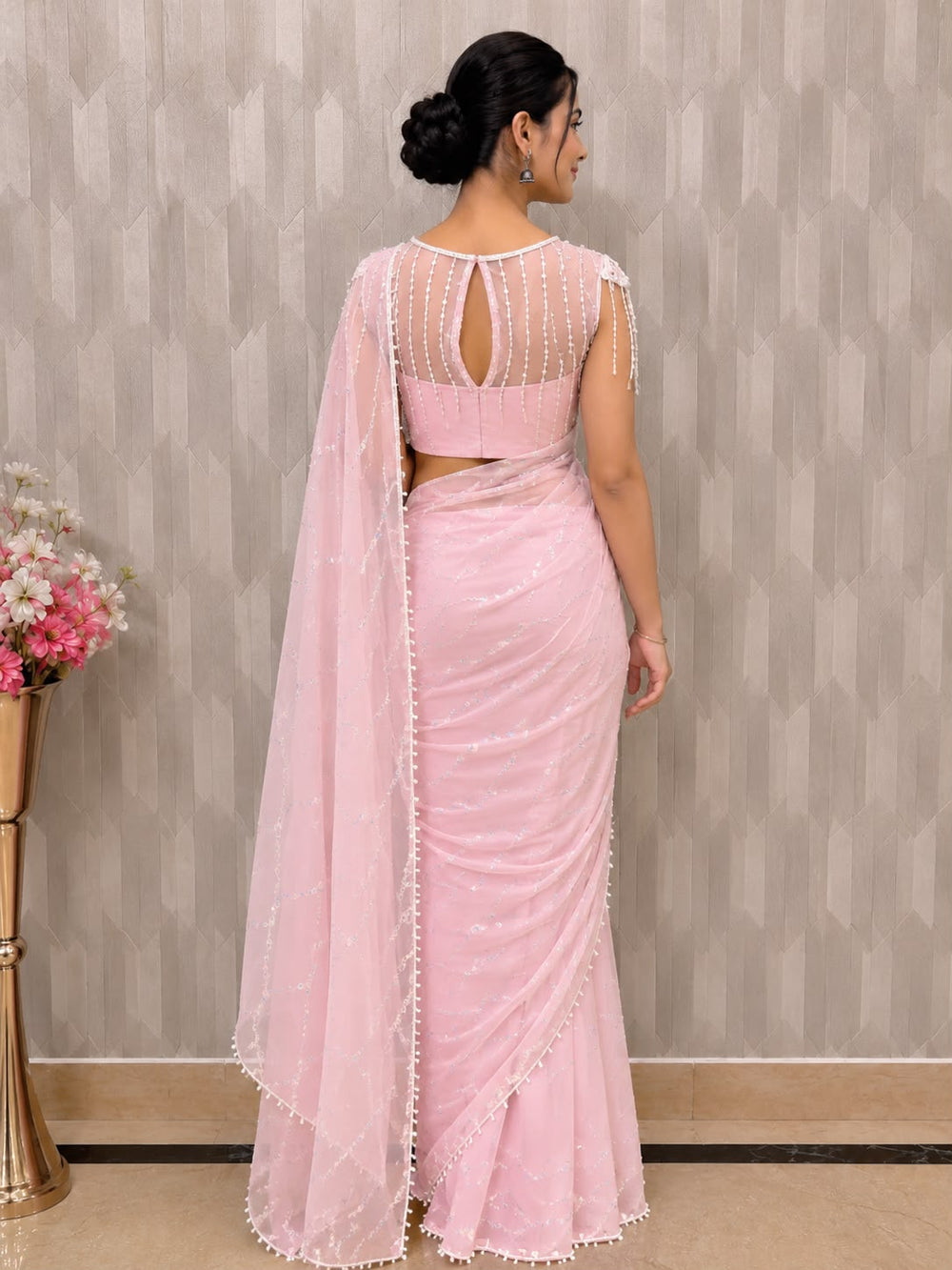 Women Pearl Embellished Net Saree with Scalloped Pearl Border - Baby Pink