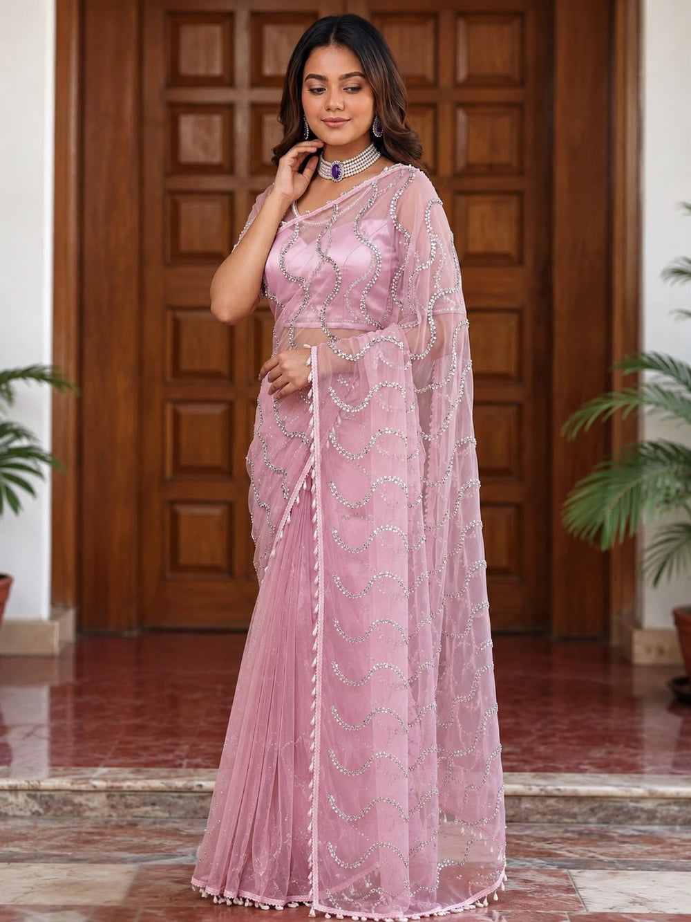 Women Pearl Embellished Net Saree with Scalloped Pearl Border - Baby Pink