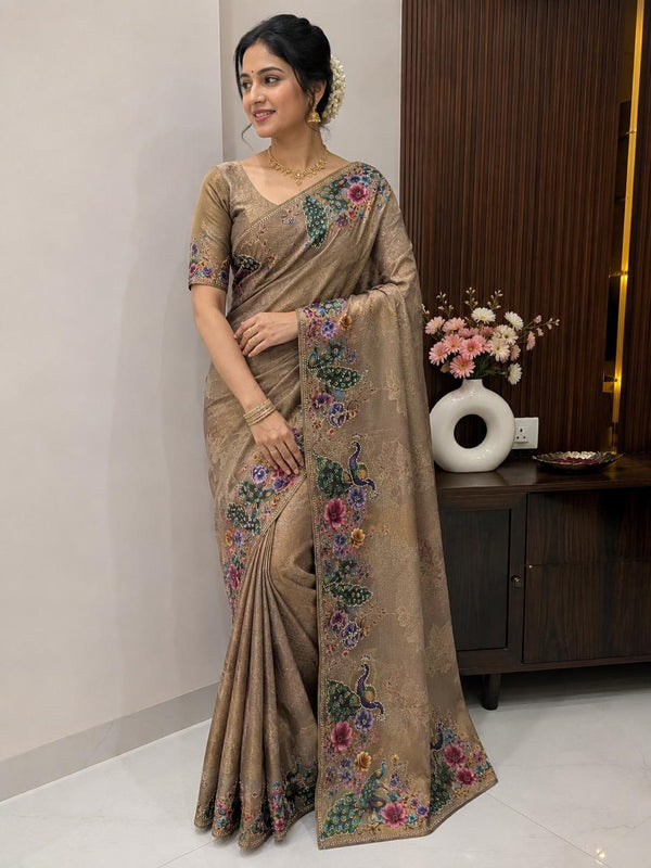 Women Designer Peacock Digital Print Saree with Rhinestone Diamond Work - Beige
