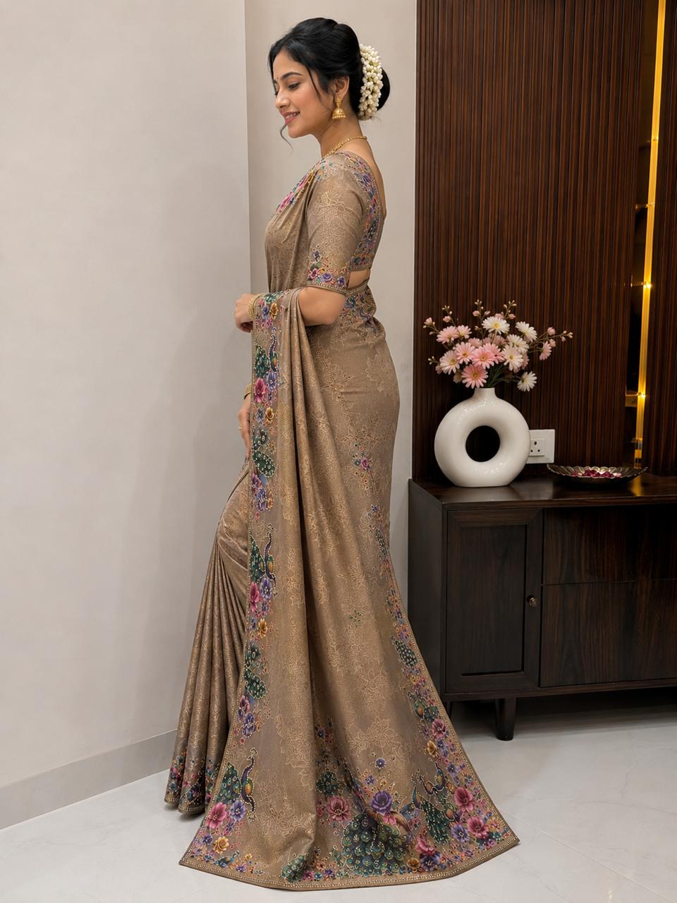Women Designer Peacock Digital Print Saree with Rhinestone Diamond Work - Beige