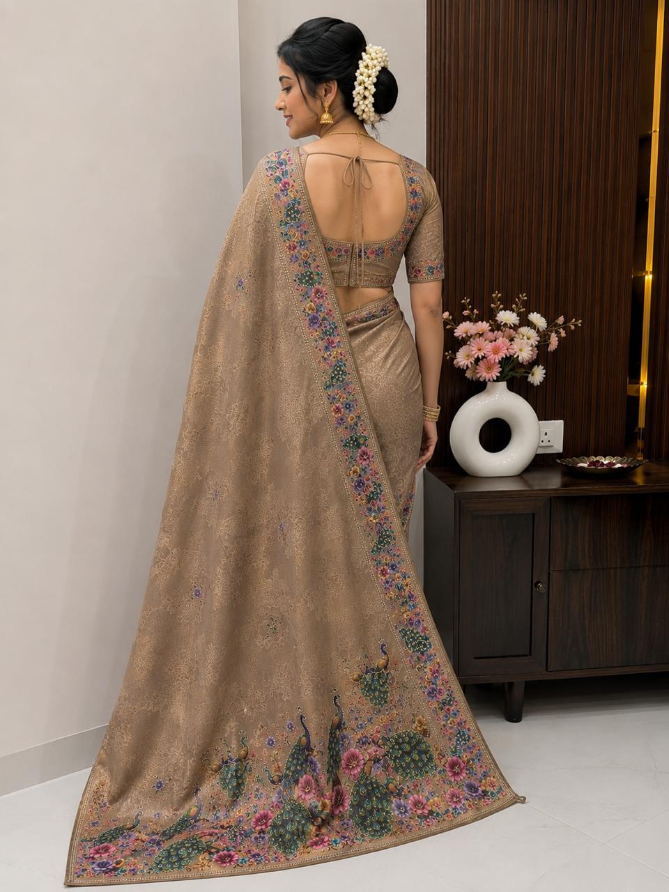 Women Designer Peacock Digital Print Saree with Rhinestone Diamond Work - Beige