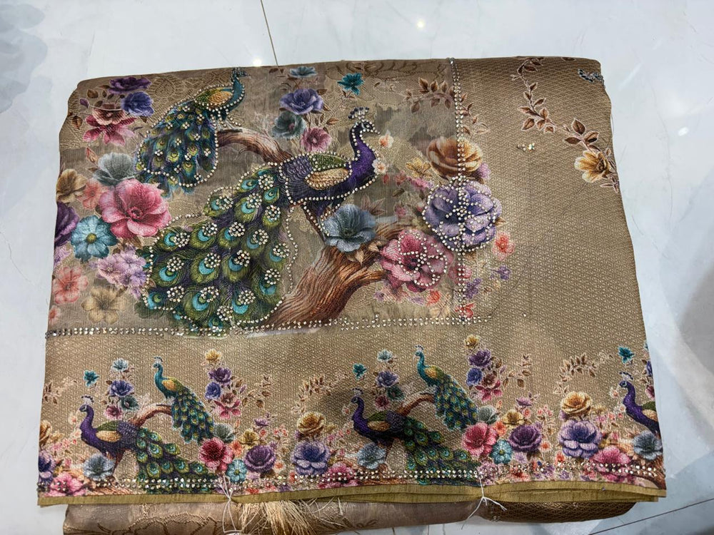 Women Designer Peacock Digital Print Saree with Rhinestone Diamond Work - Beige