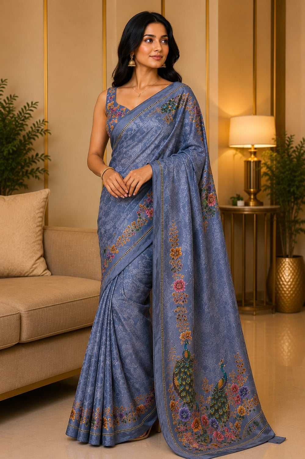 Women Designer Peacock Digital Print Saree with Rhinestone Diamond Work - Blue Grey