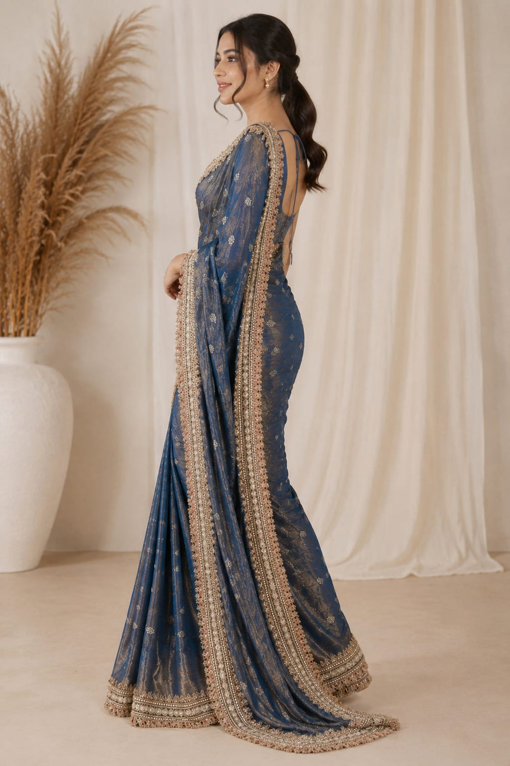 Women Georgette Saree with Heavy Cutwork Embroidered Border - Blue