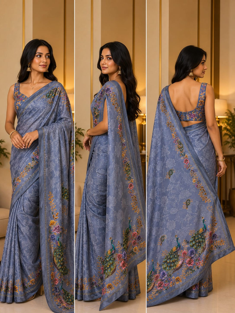 Women Designer Peacock Digital Print Saree with Rhinestone Diamond Work - Blue Grey