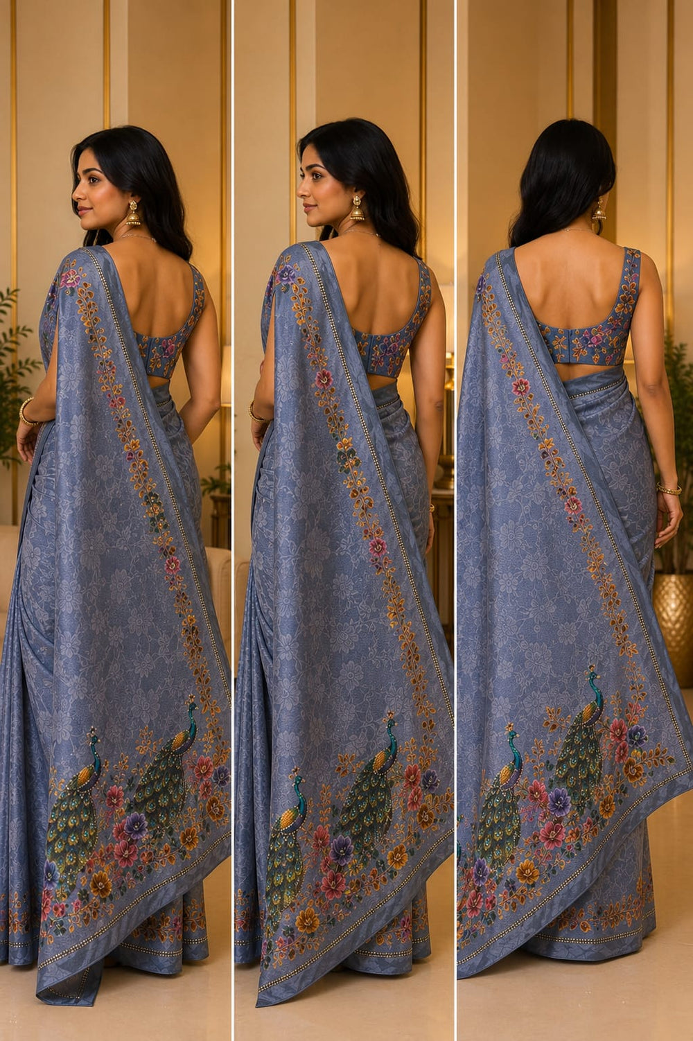Women Designer Peacock Digital Print Saree with Rhinestone Diamond Work - Blue Grey