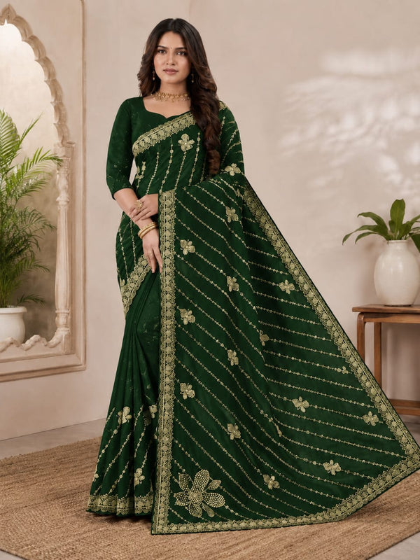 Women Zari Embroidered Georgette Saree with Scalloped Border & Matching Blouse - Bottle Green