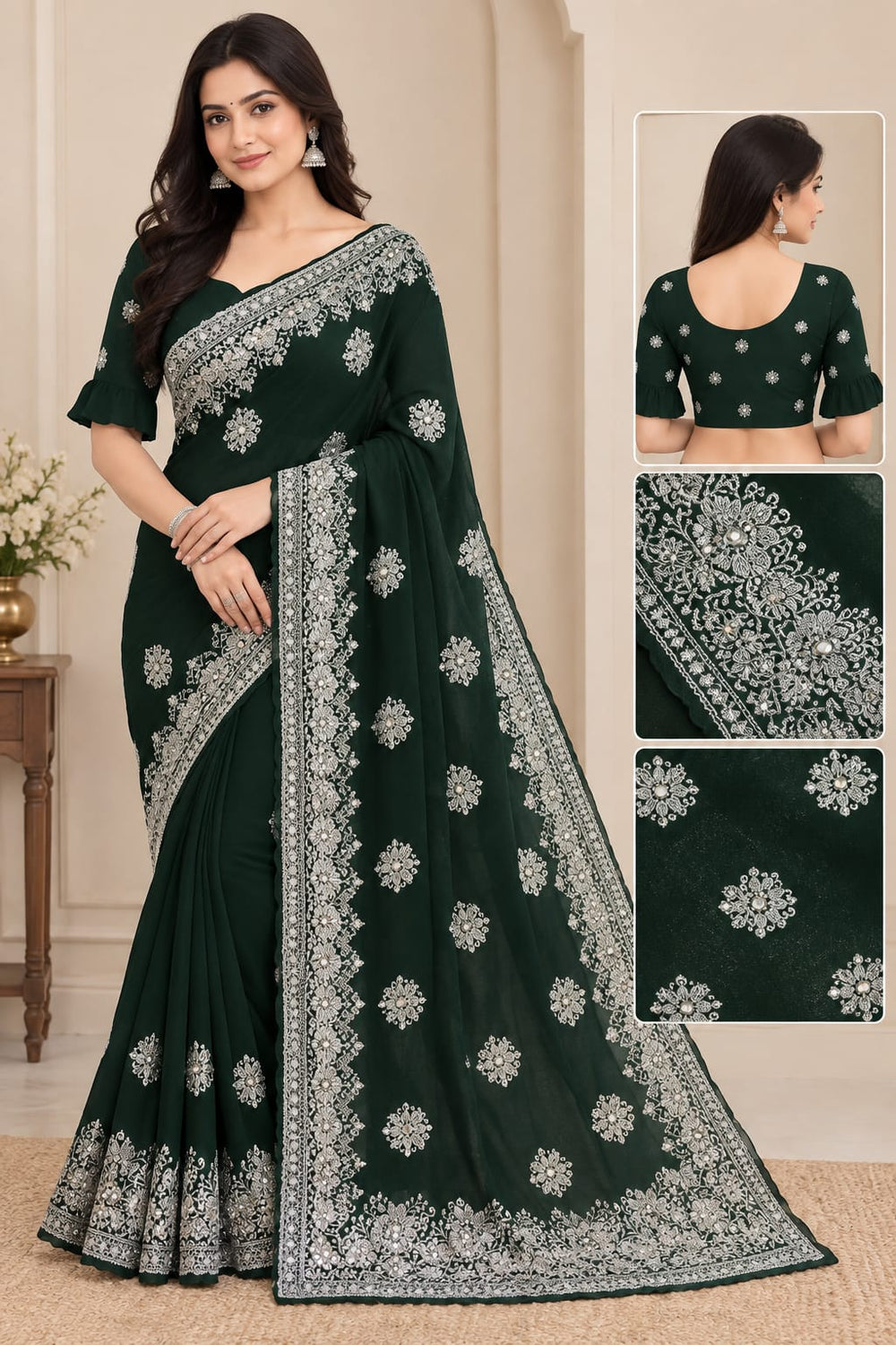 Women Blooming Saree with Silver Thread Buti Embroidery & White Stone Work Border - Bottle Green