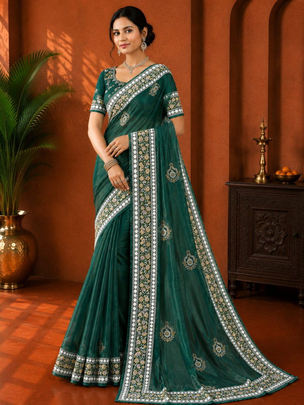 Women Mirror & Sequin Embroidered Saree with Heavy Blouse - Bottle Green