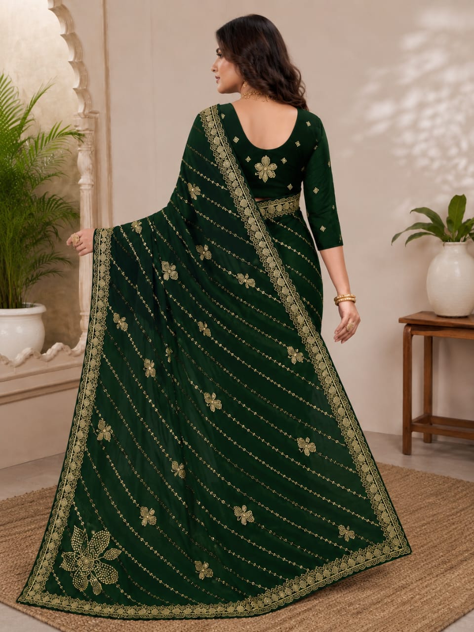 Women Zari Embroidered Georgette Saree with Scalloped Border & Matching Blouse - Bottle Green