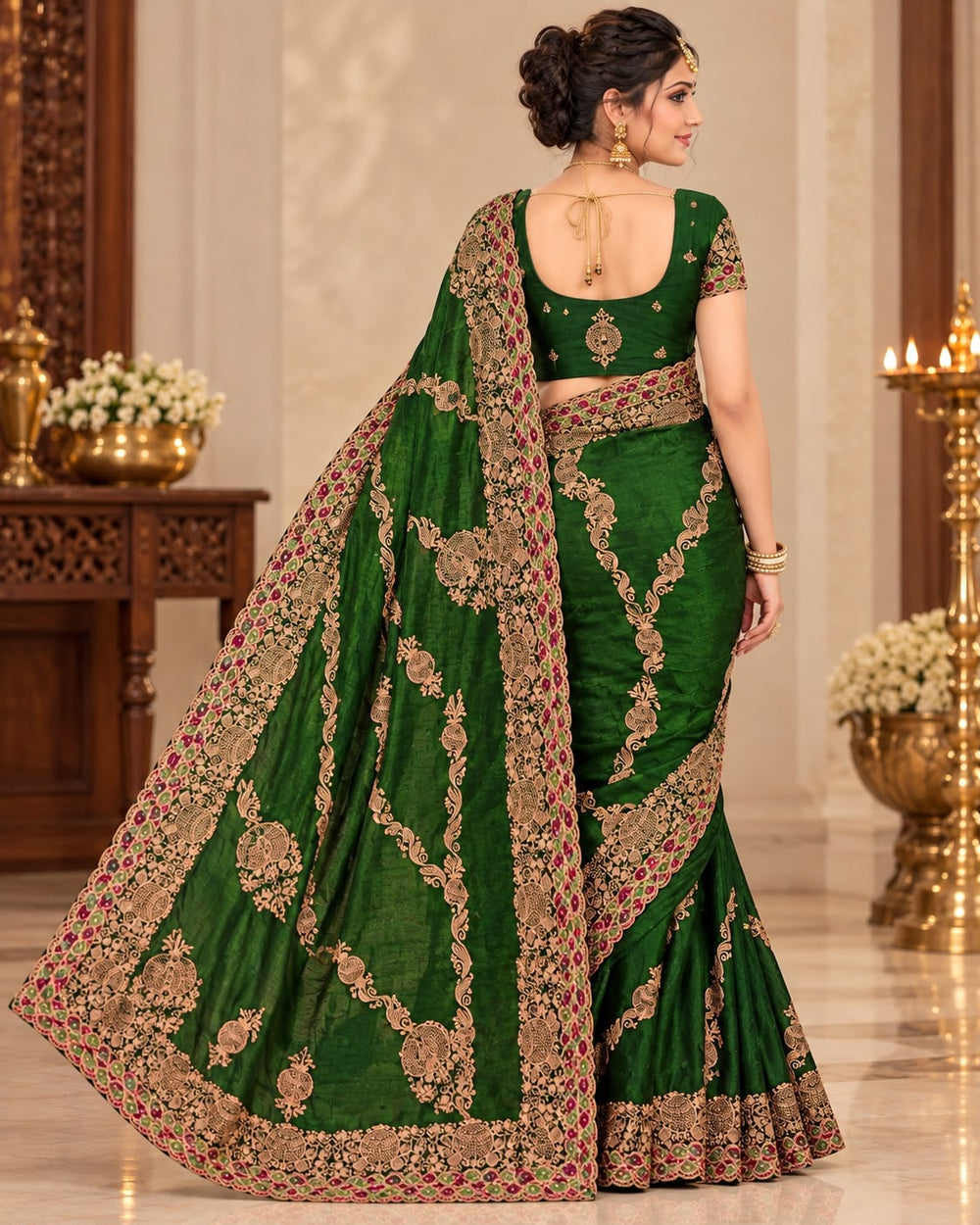 Women Satin Saree with Kalash Motif Embroidery & Multicolour Cutwork Border - Bottle Green