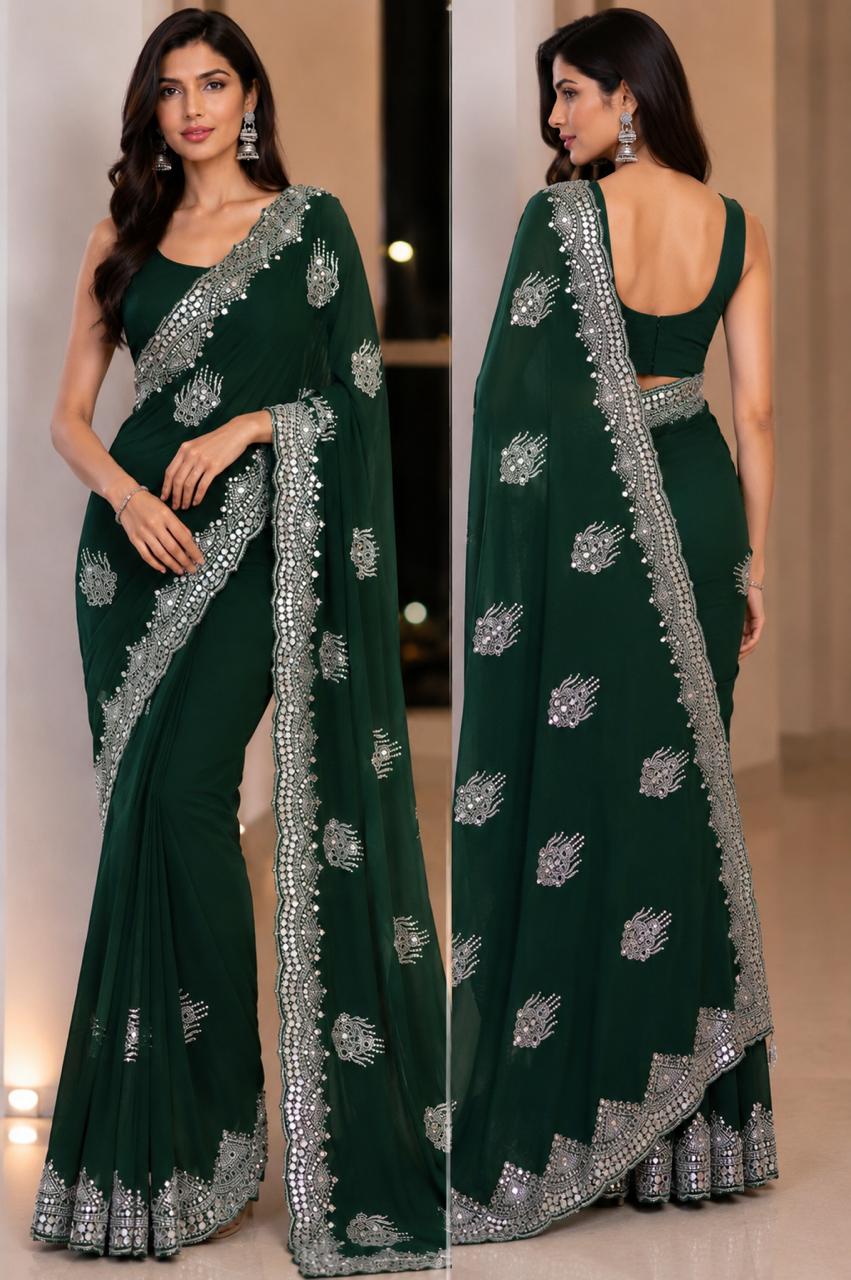 Women Blooming Saree with Mirror Work Scalloped Border & Embroidered Butis - Bottle Green