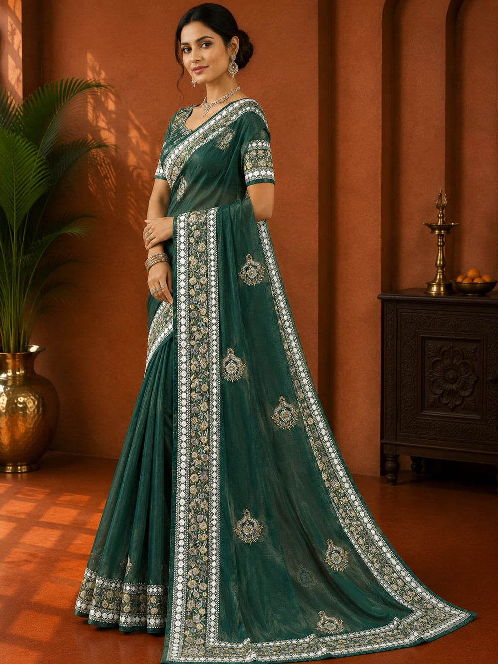 Women Mirror & Sequin Embroidered Saree with Heavy Blouse - Bottle Green