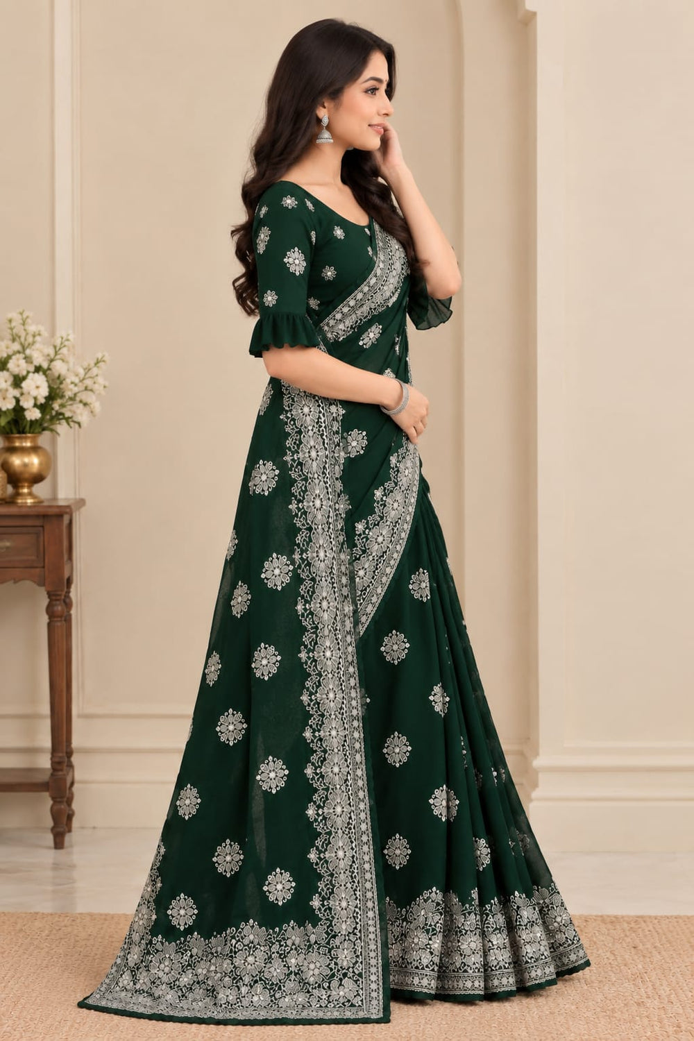 Women Blooming Saree with Silver Thread Buti Embroidery & White Stone Work Border - Bottle Green
