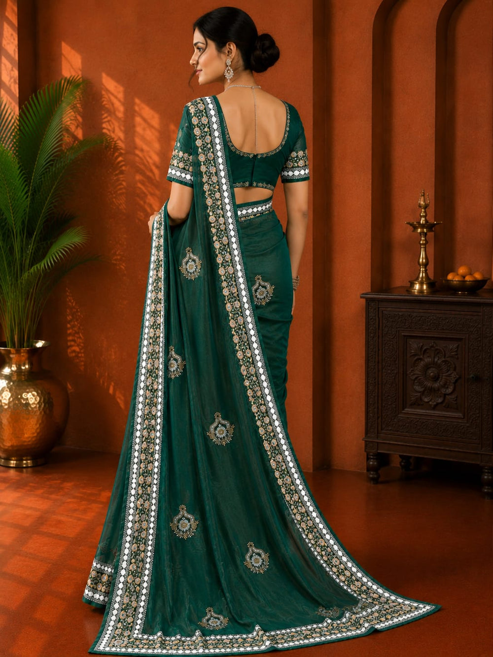 Women Mirror & Sequin Embroidered Saree with Heavy Blouse - Bottle Green