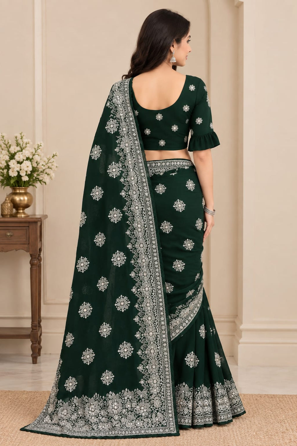 Women Blooming Saree with Silver Thread Buti Embroidery & White Stone Work Border - Bottle Green