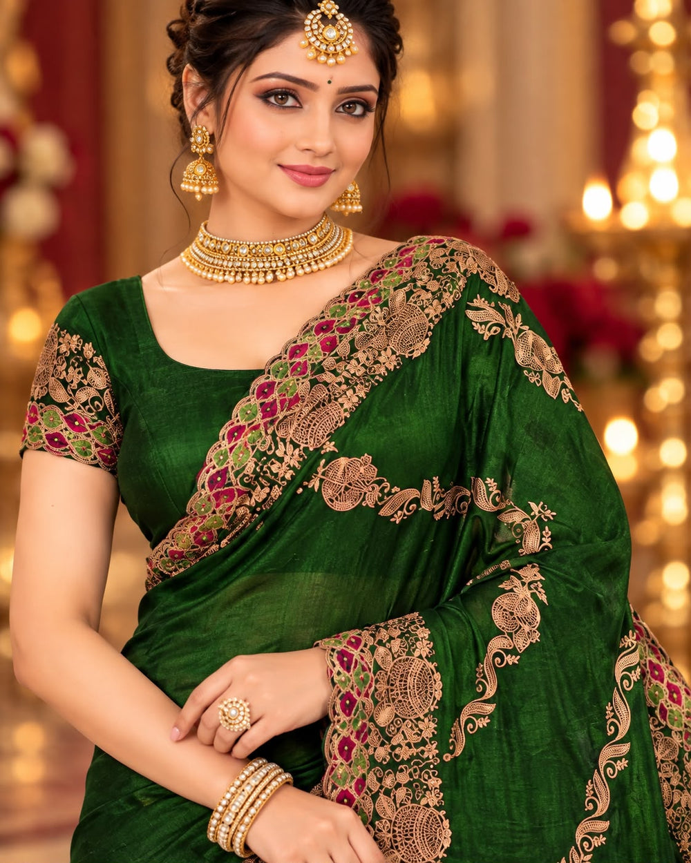 Women Satin Saree with Kalash Motif Embroidery & Multicolour Cutwork Border - Bottle Green
