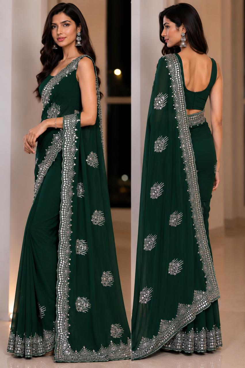Women Blooming Saree with Mirror Work Scalloped Border & Embroidered Butis - Bottle Green