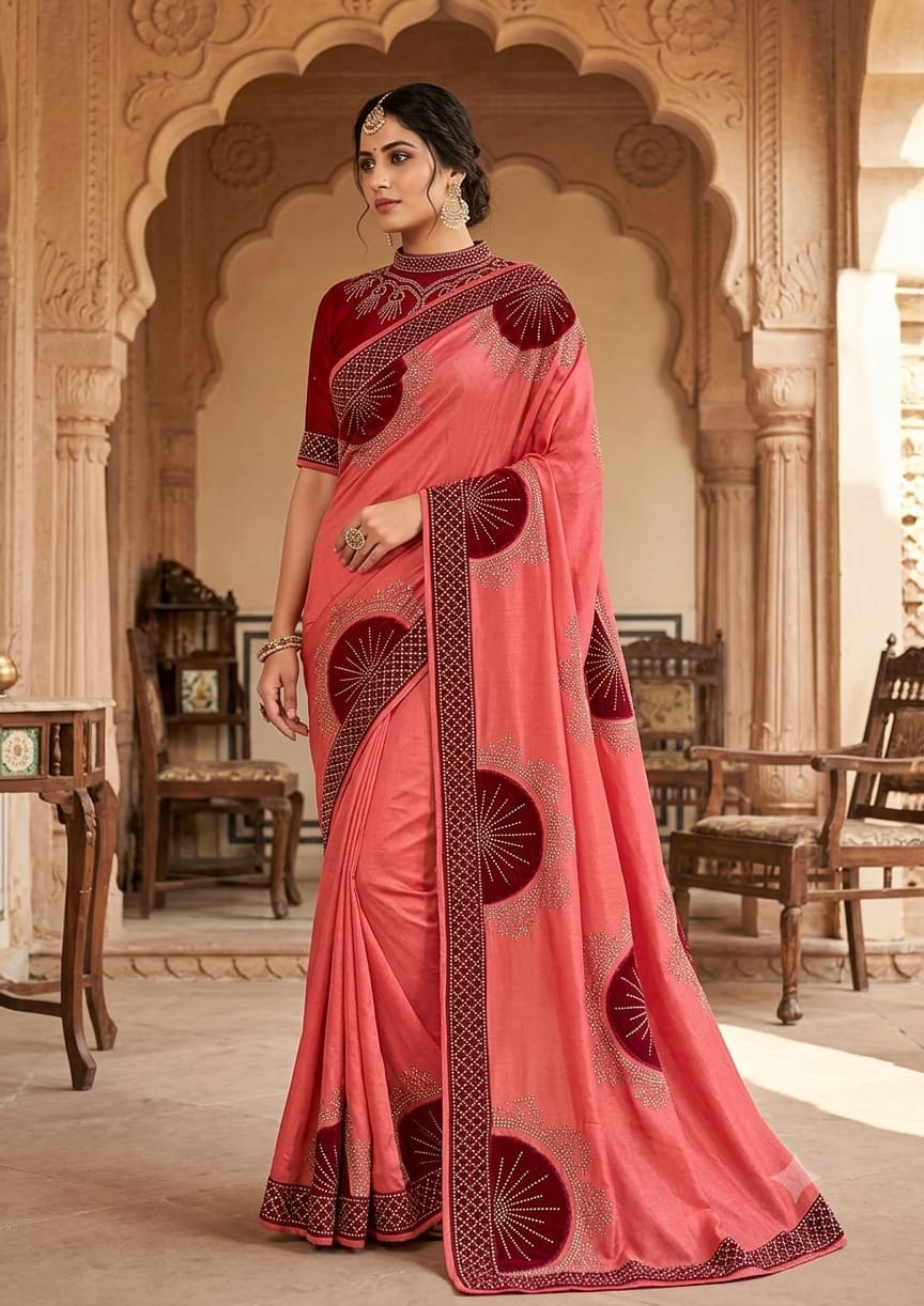 Women Shimmer Saree with Velvet Patch & Stone Work - Coral Red