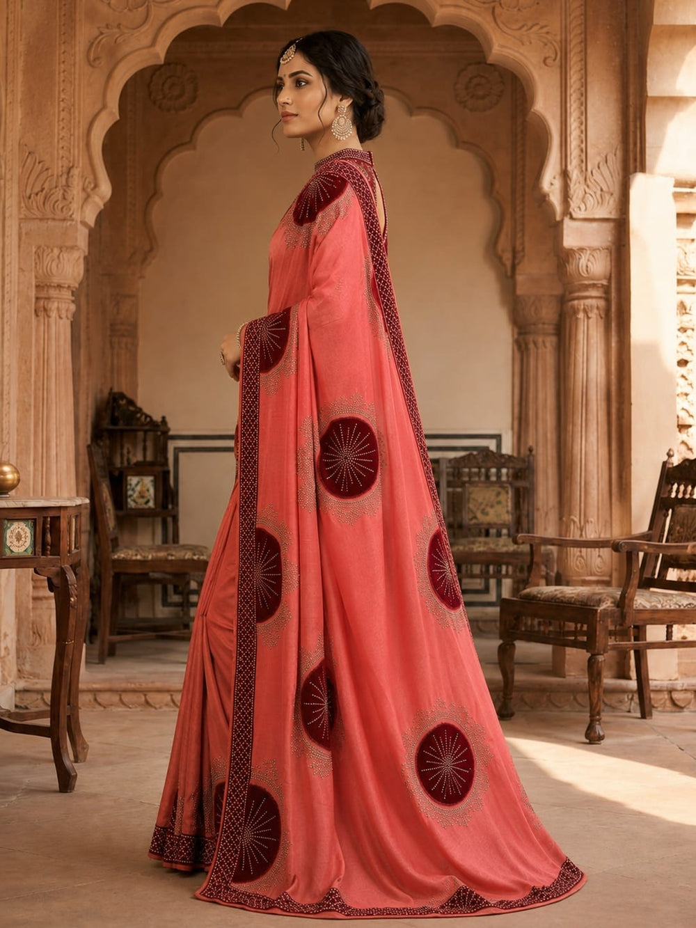 Women Shimmer Saree with Velvet Patch & Stone Work - Coral Red