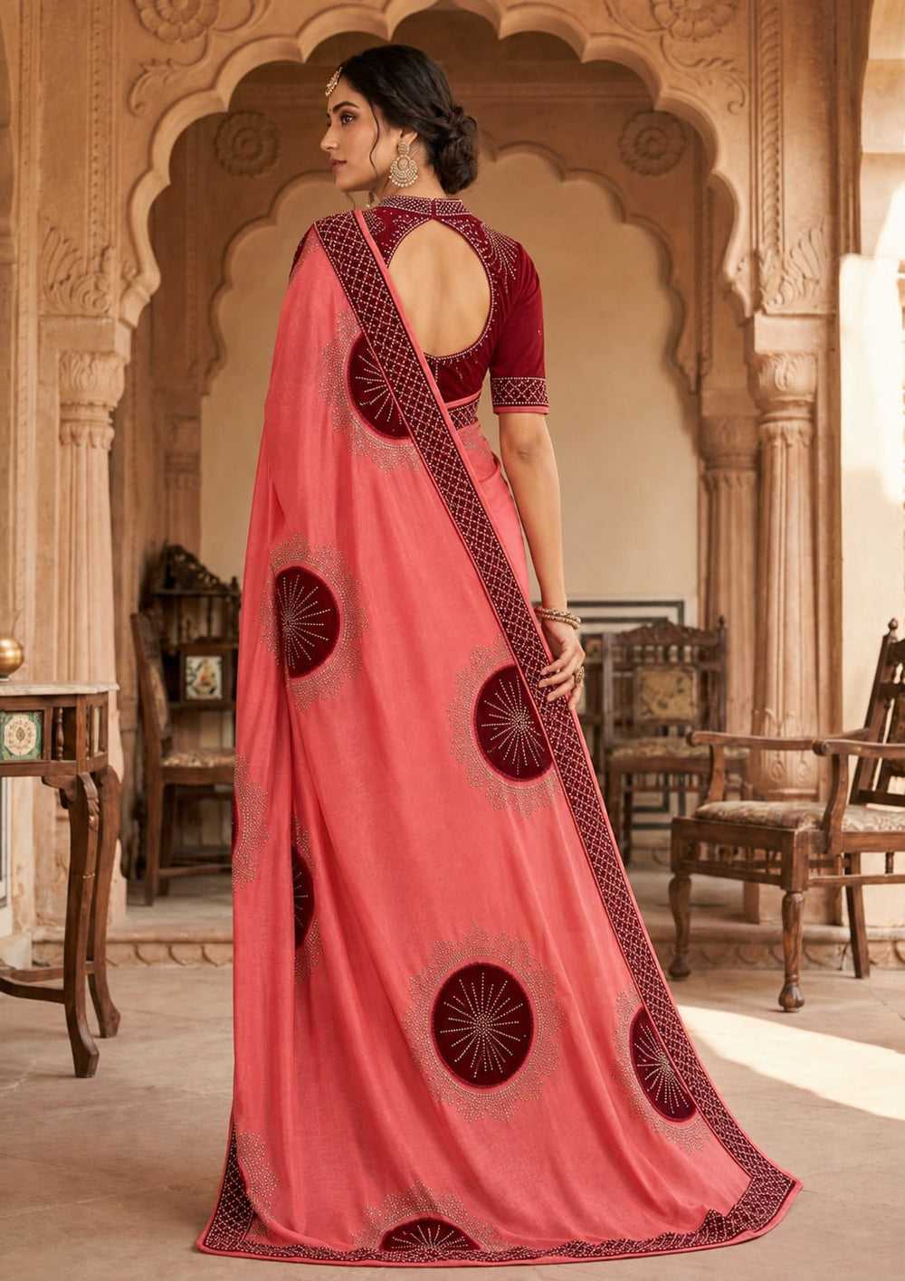 Women Shimmer Saree with Velvet Patch & Stone Work - Coral Red