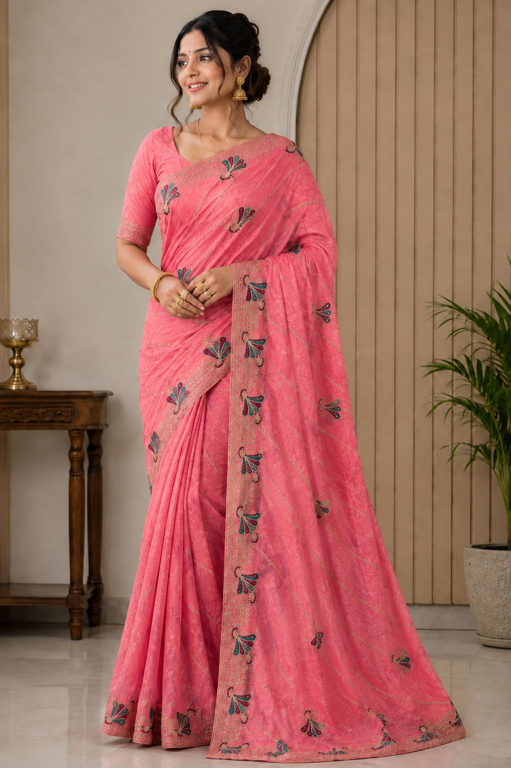 Women Fancy Saree with Peacock Embroidery & Zari Chain Work Border - Coral Pink