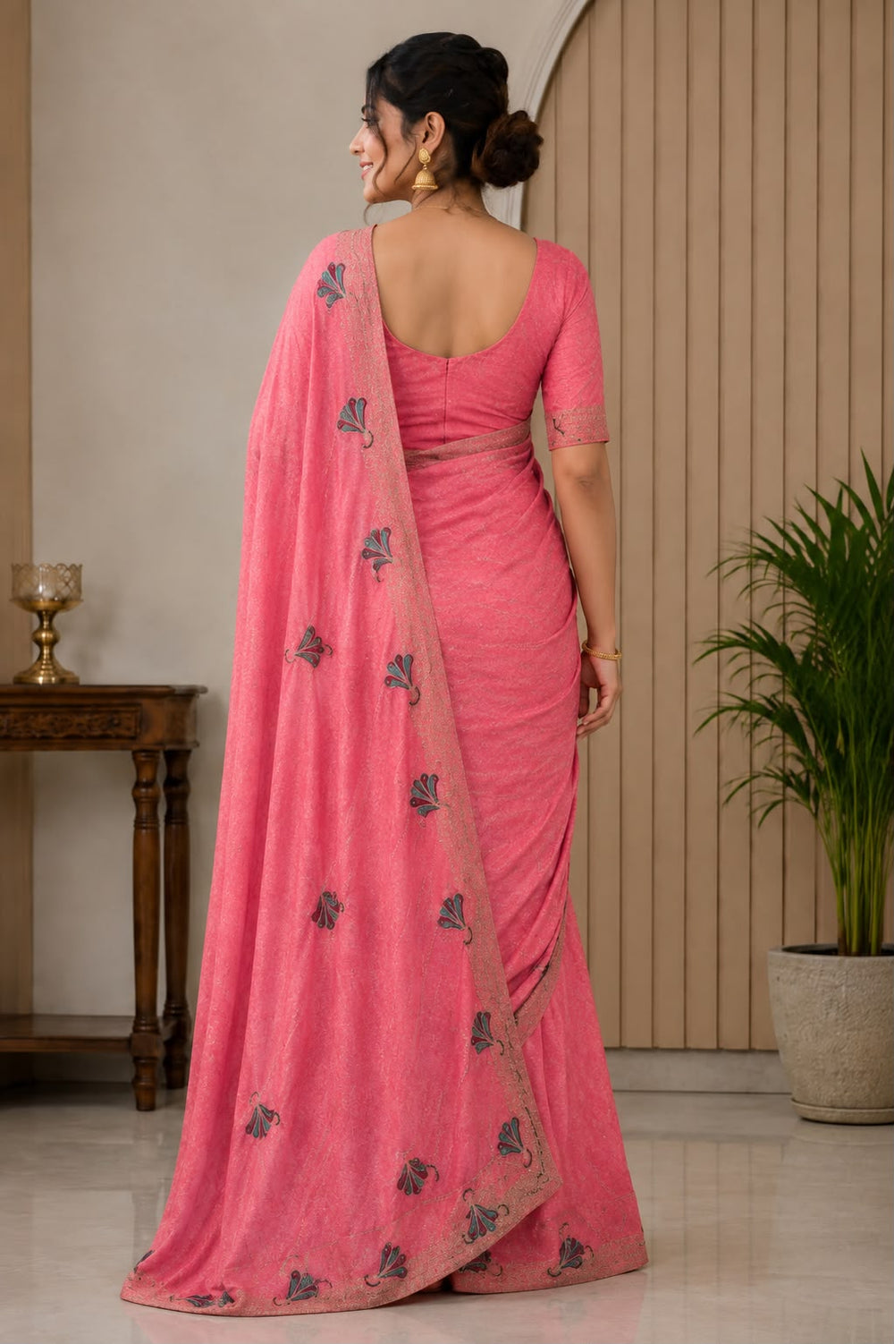 Women Fancy Saree with Peacock Embroidery & Zari Chain Work Border - Coral Pink
