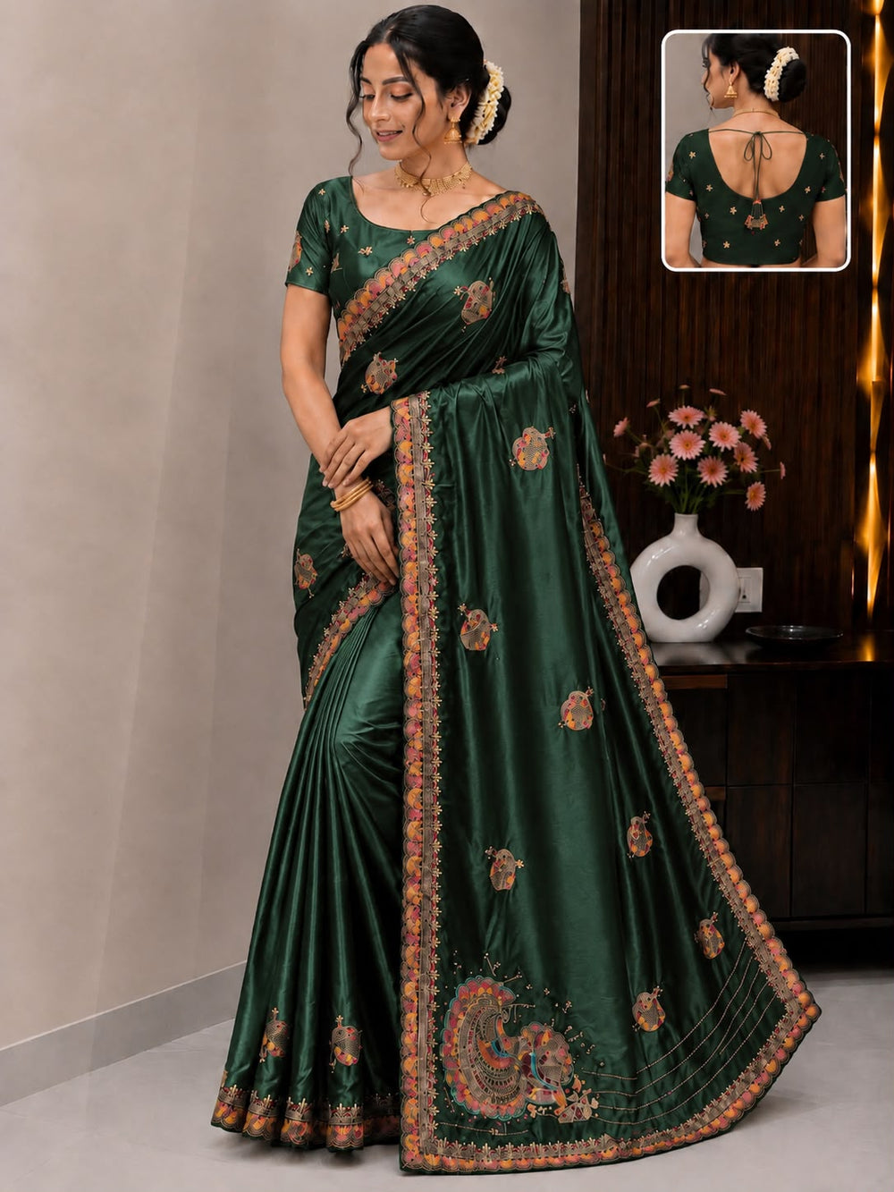 Women Traditional Embroidered Fancy Saree with Paisley Pallu & Designer Border - Bottle Green