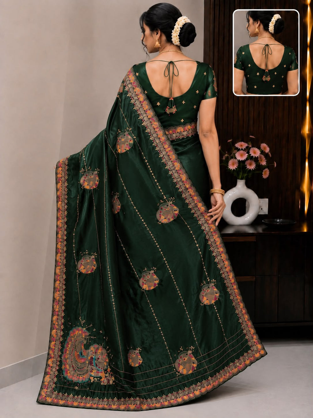 Women Traditional Embroidered Fancy Saree with Paisley Pallu & Designer Border - Bottle Green