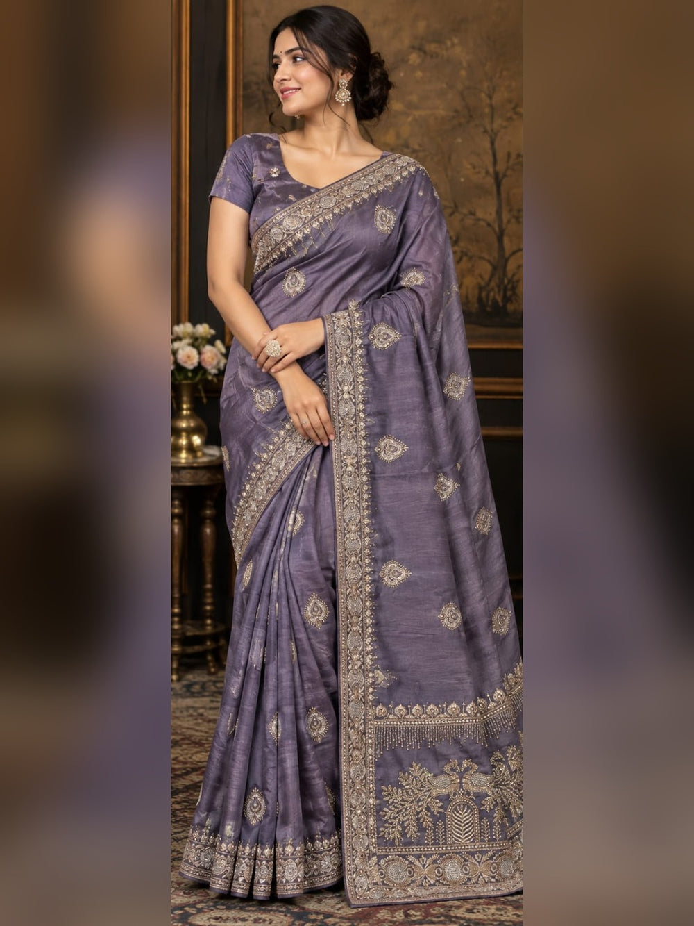 Women Japan Satin Saree with Stone Work Butis & Peacock Tree Pallu - Dusty Lavender