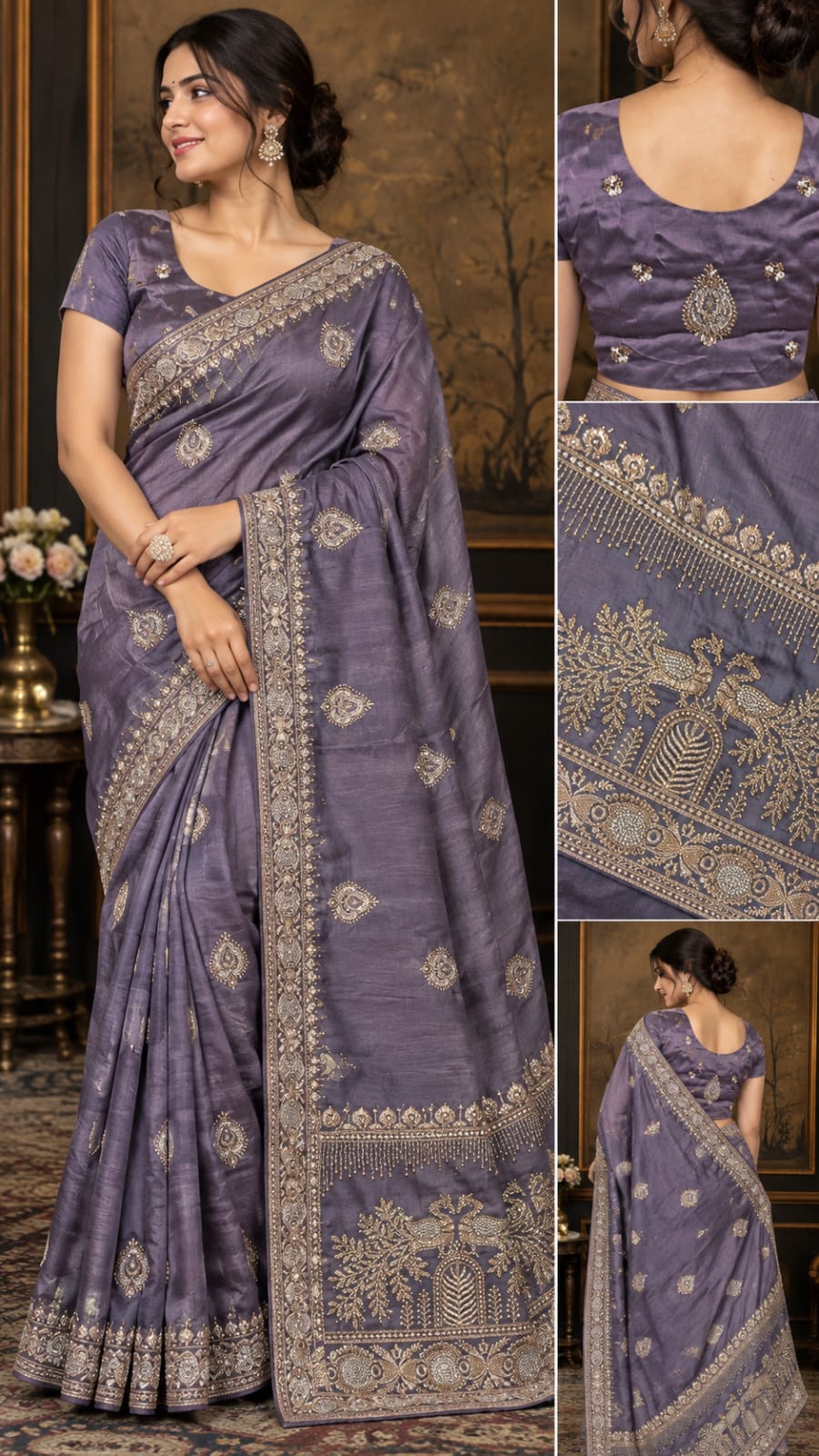 Women Japan Satin Saree with Stone Work Butis & Peacock Tree Pallu - Dusty Lavender