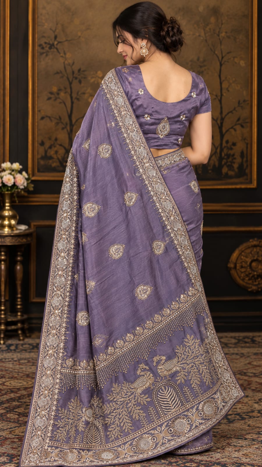 Women Japan Satin Saree with Stone Work Butis & Peacock Tree Pallu - Dusty Lavender