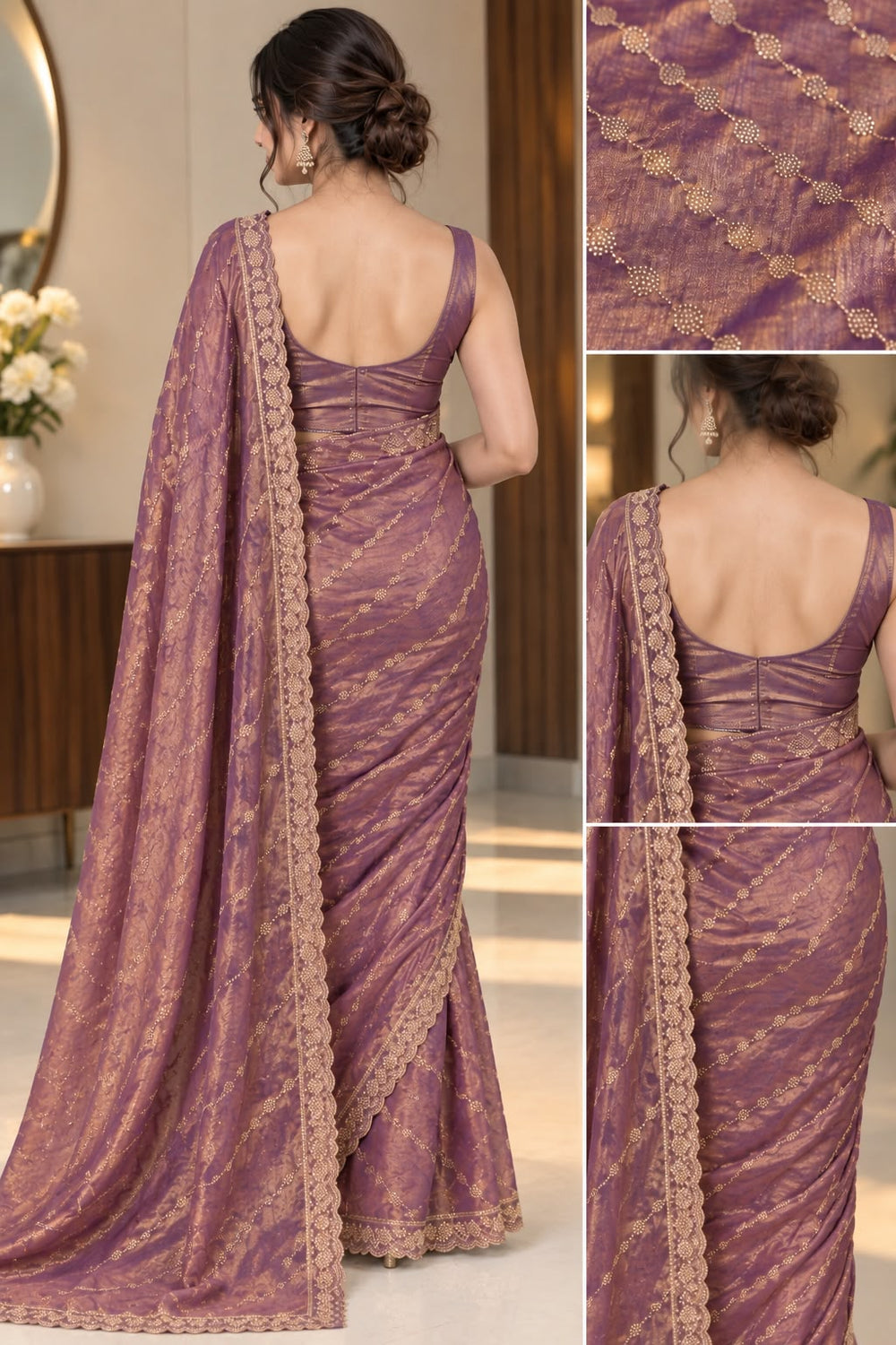 Women Fendy Tissue Saree with Diagonal Stone Work & Scalloped Cutwork Border - Dusty Mauve
