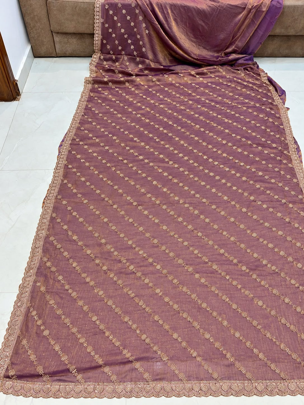 Women Fendy Tissue Saree with Diagonal Stone Work & Scalloped Cutwork Border - Dusty Mauve