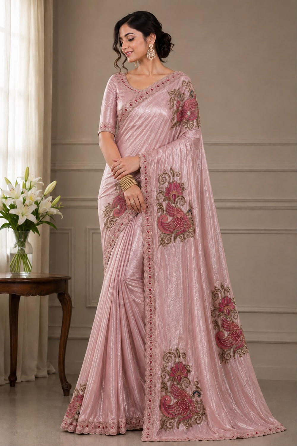 Women Shimmer Saree with Peacock Embroidered Motifs & Scalloped Border - Dusty Pink
