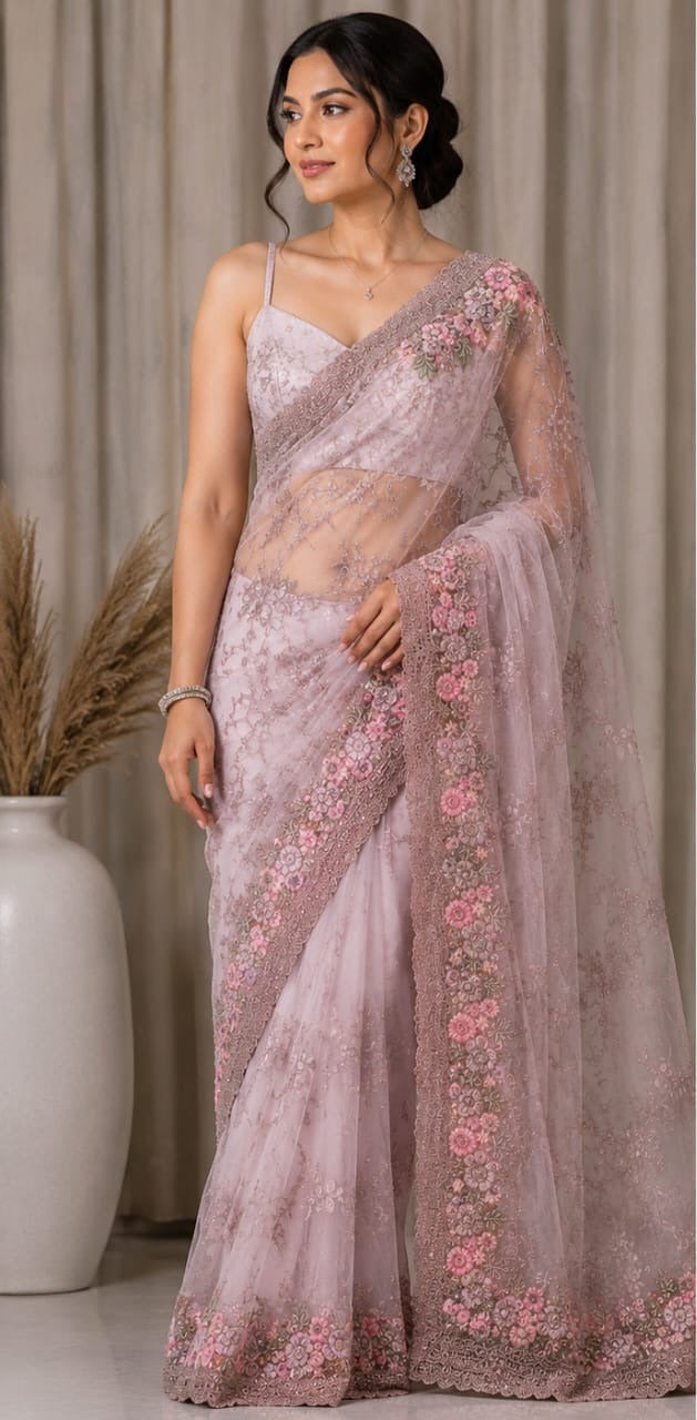 Women Floral Embroidered Net Saree with Scalloped Border - Dusty Pink