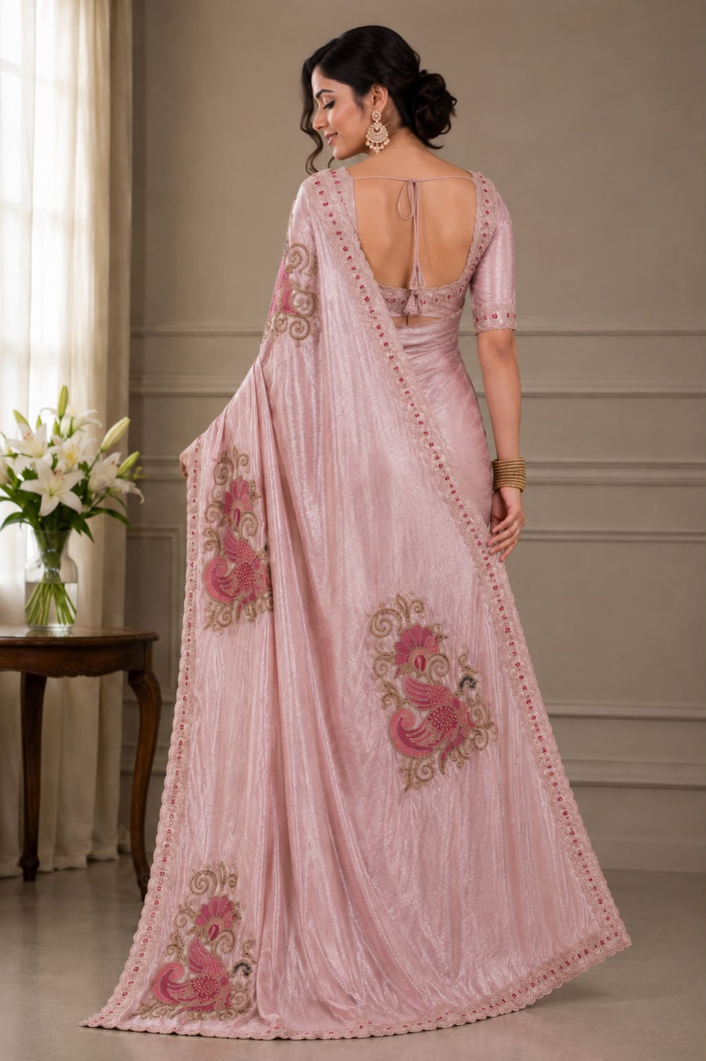 Women Shimmer Saree with Peacock Embroidered Motifs & Scalloped Border - Dusty Pink