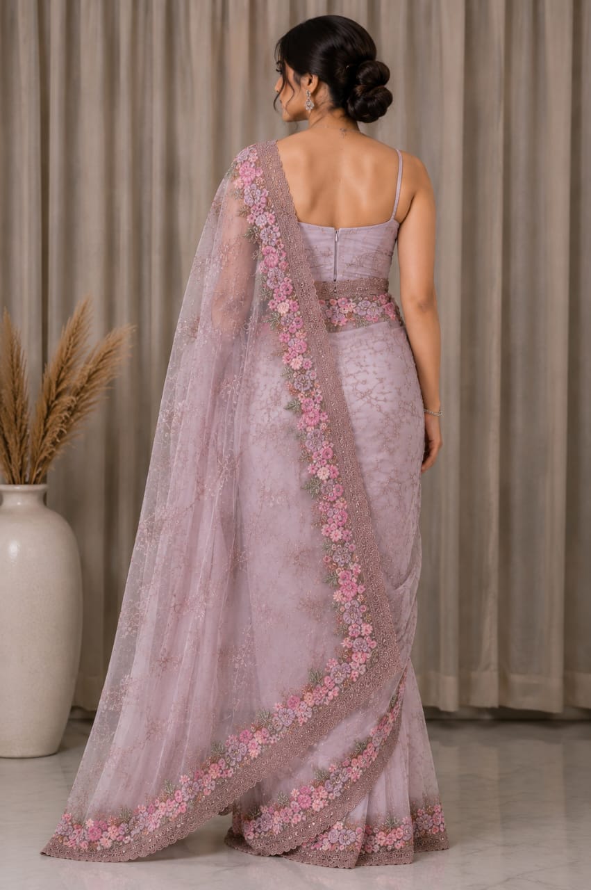 Women Floral Embroidered Net Saree with Scalloped Border - Dusty Pink