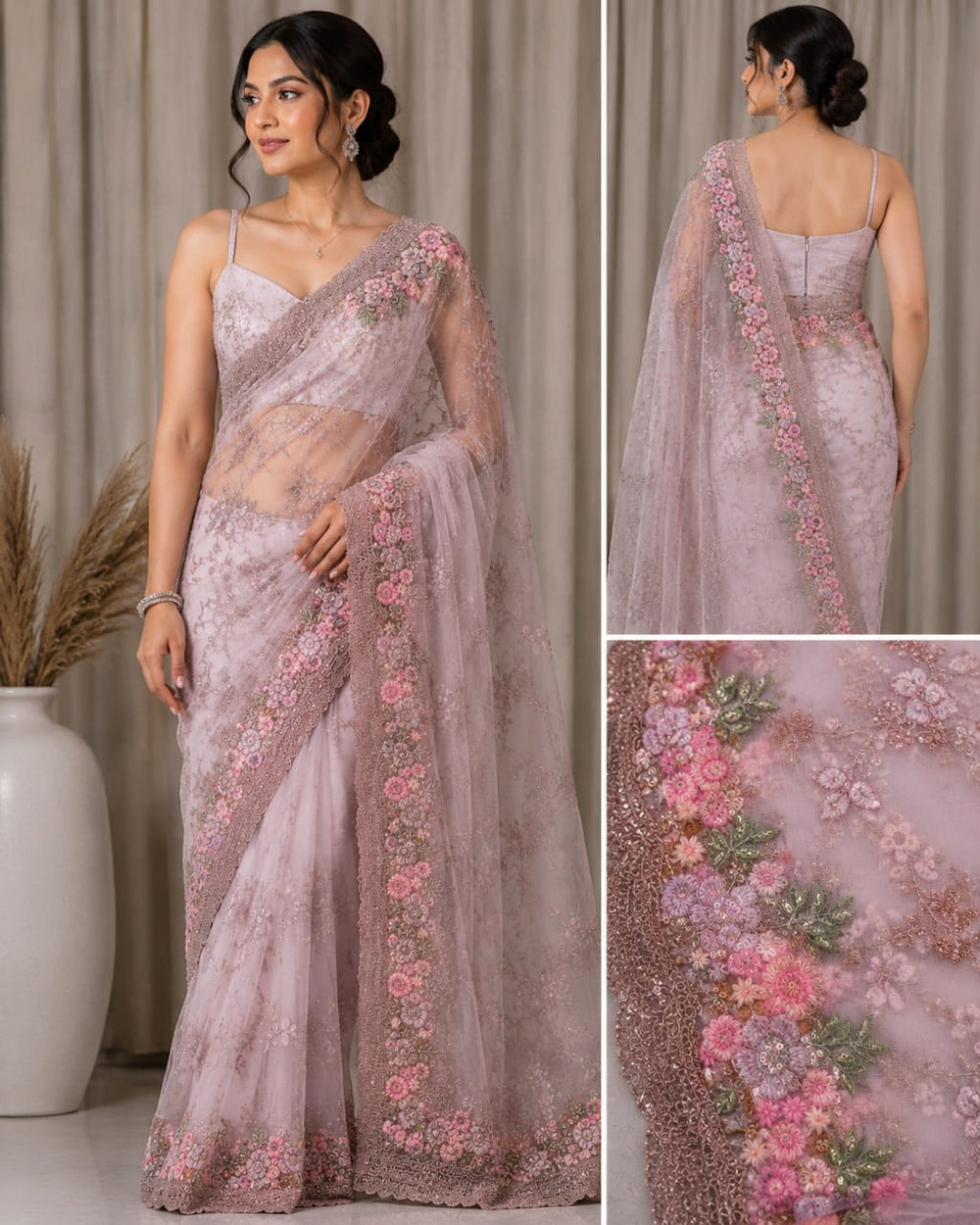 Women Floral Embroidered Net Saree with Scalloped Border - Dusty Pink